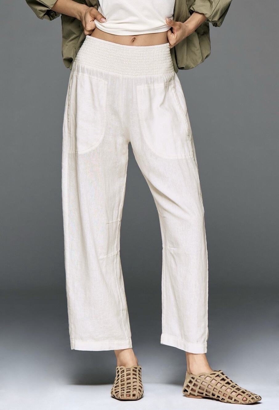 Anthropologie Women's Pilcro XXS Reese Smocked PullOn Barrel Pants Linen Cream
